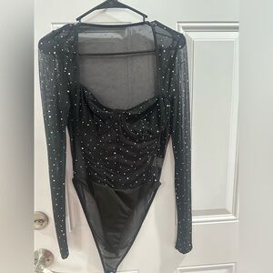 Black Sheer Long Sleeve Bodysuit with Rhinestones
